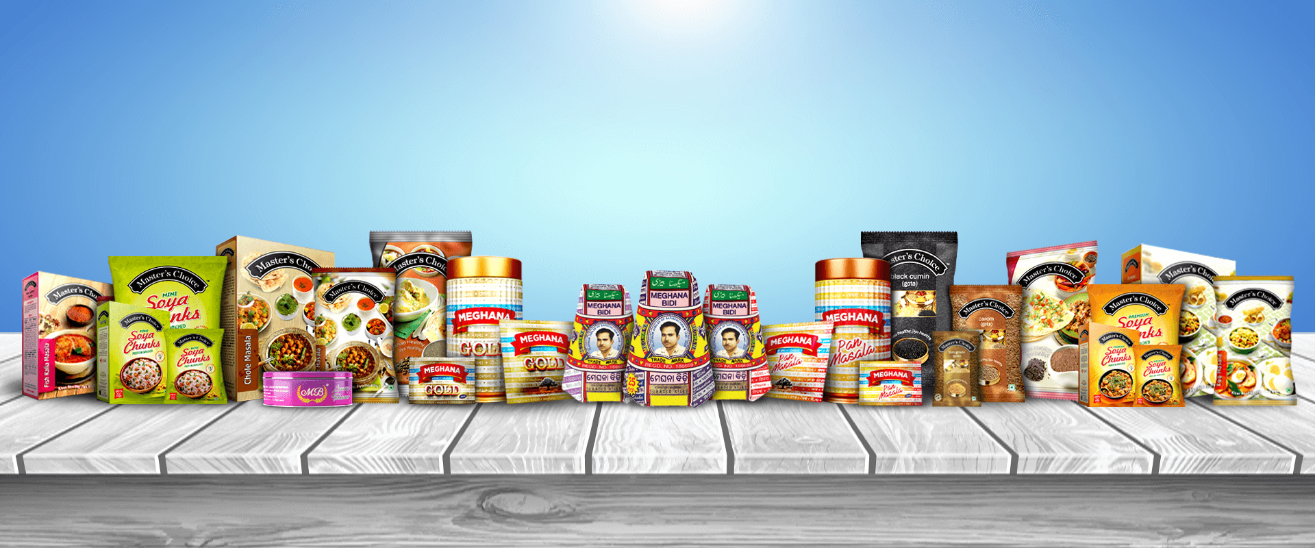 Meghana biri, pan masala, mouth fresheners and Master's Choice spices are displayed on a table